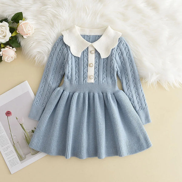 Knitted Wool Ruffle Dress for Girls – Long Sleeve Winter Outfit
